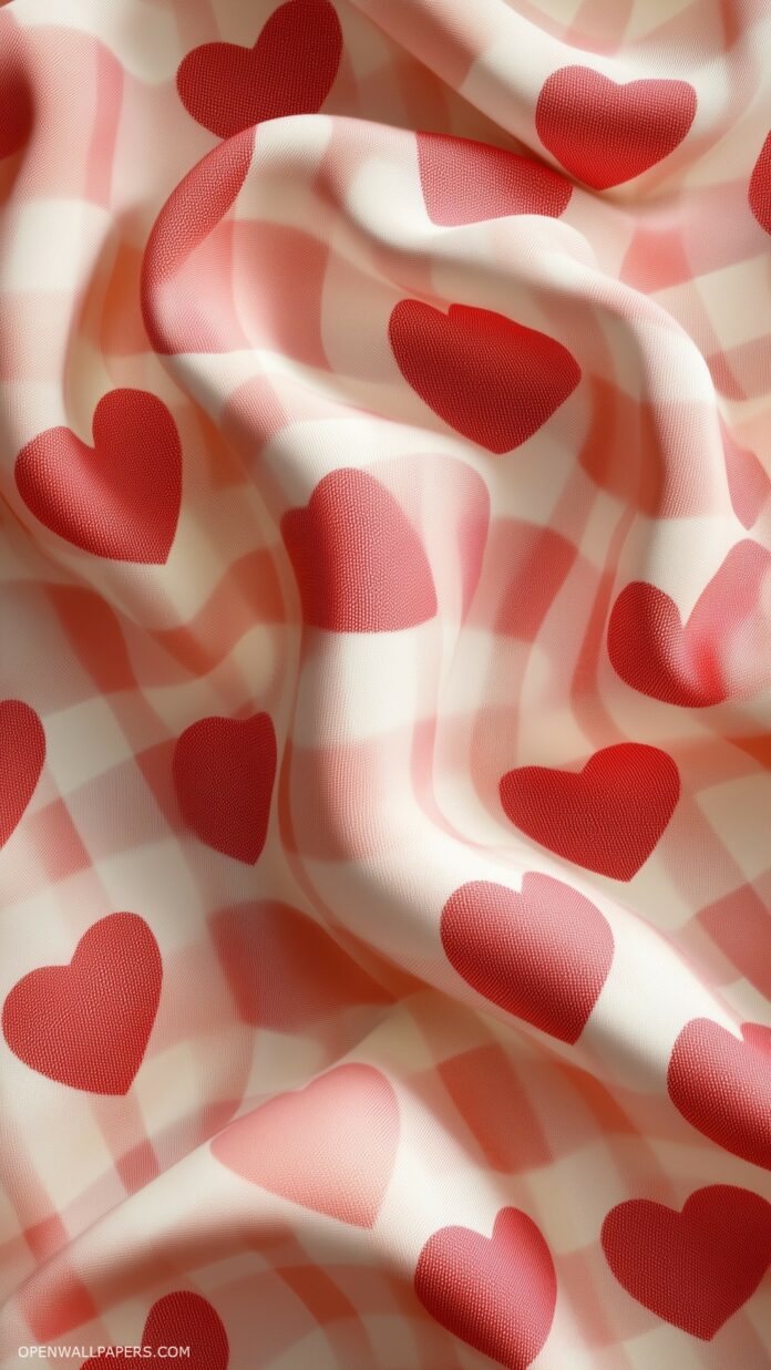 A checkerboard pattern of red and pink hearts on a soft beige backdrop for a vintage Valentines look