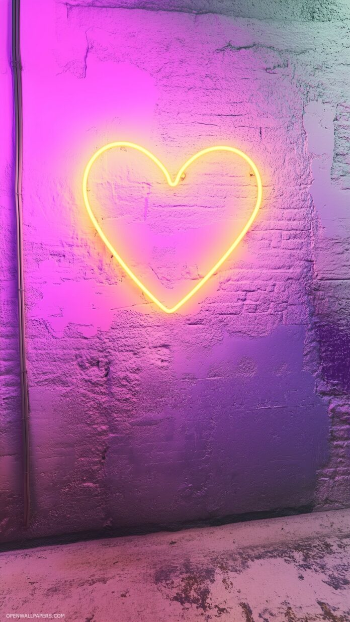 A glowing neon heart sign on a pink wall, casting a soft warm light, creating a dreamy Valentines Day vibe