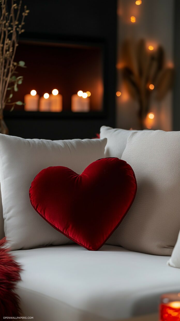 A red velvet heart-shaped cushion placed on a white couch with warm, cozy lighting, capturing a touch of elegance