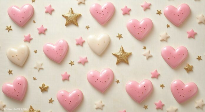 Cute pastel pink hearts and stars arranged with delicate golden accents on a soft cream backdrop.