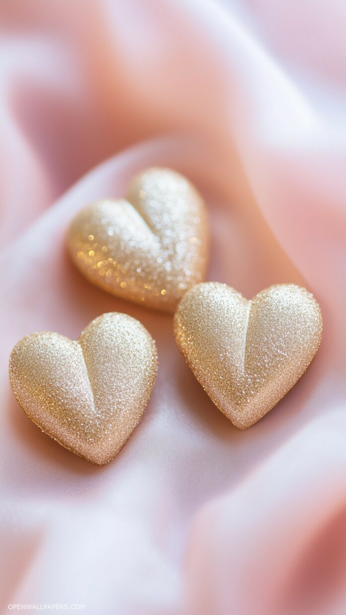 Elegant gold hearts on a light blush background with subtle sparkle details