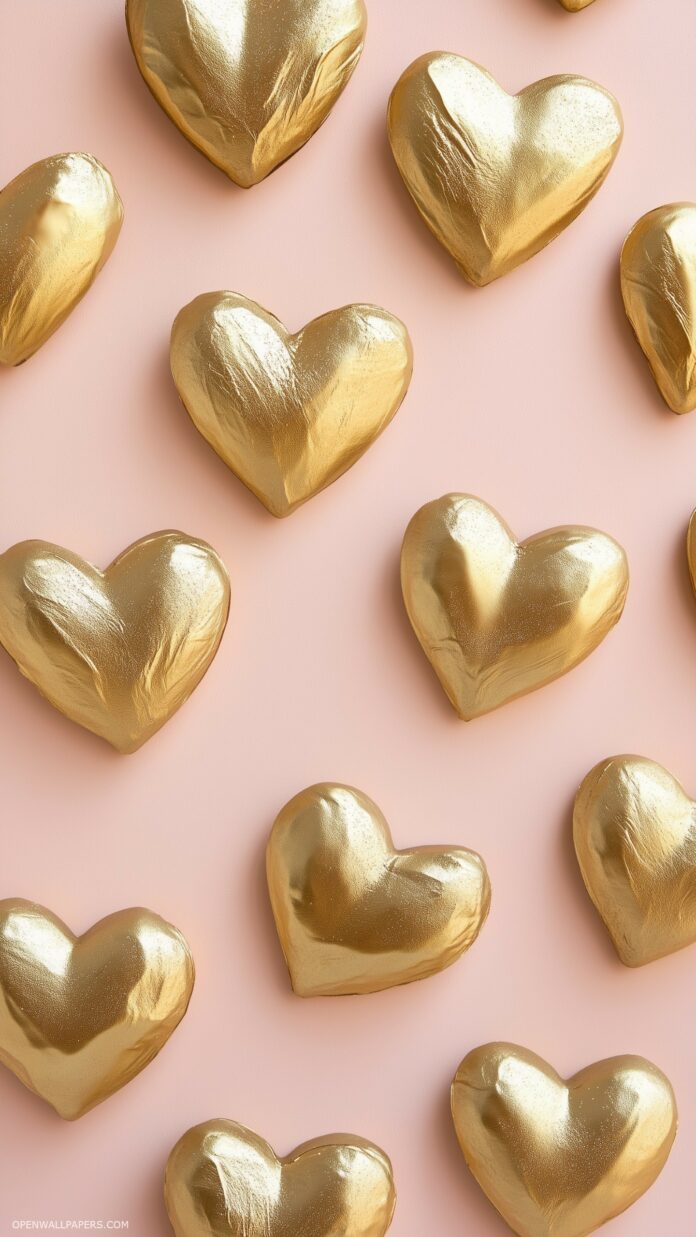 Elegant gold hearts on a light blush background with subtle sparkle details for a chic Valentines look