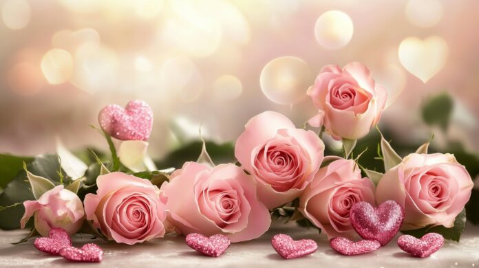 Light pink roses and hearts in a scattered arrangement on a cream background.