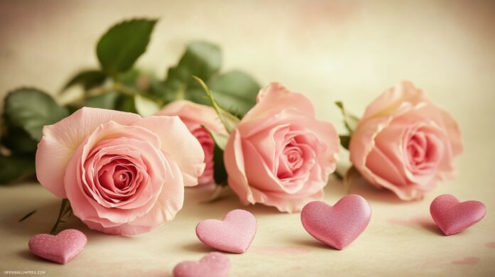 Light pink roses and hearts in a scattered arrangement on a cream background, adding elegance to Valentine.