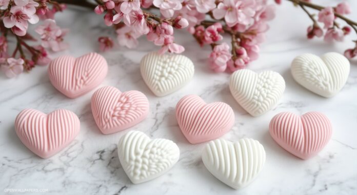 Pastel pink and white hearts, lightly scattered with a soft, airy glow for a cute Valentines feel.