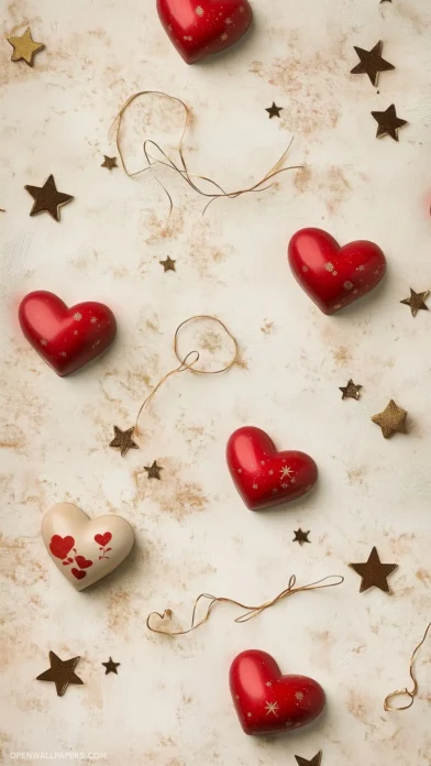 Small red hearts and delicate gold stars arranged in a soft Valentine Day pattern.