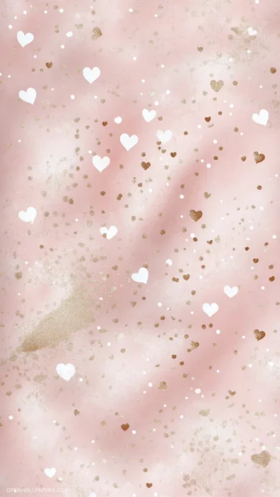 Soft pink Valentines wallpaper with a pattern of polka dots and tiny hearts in white and gold.