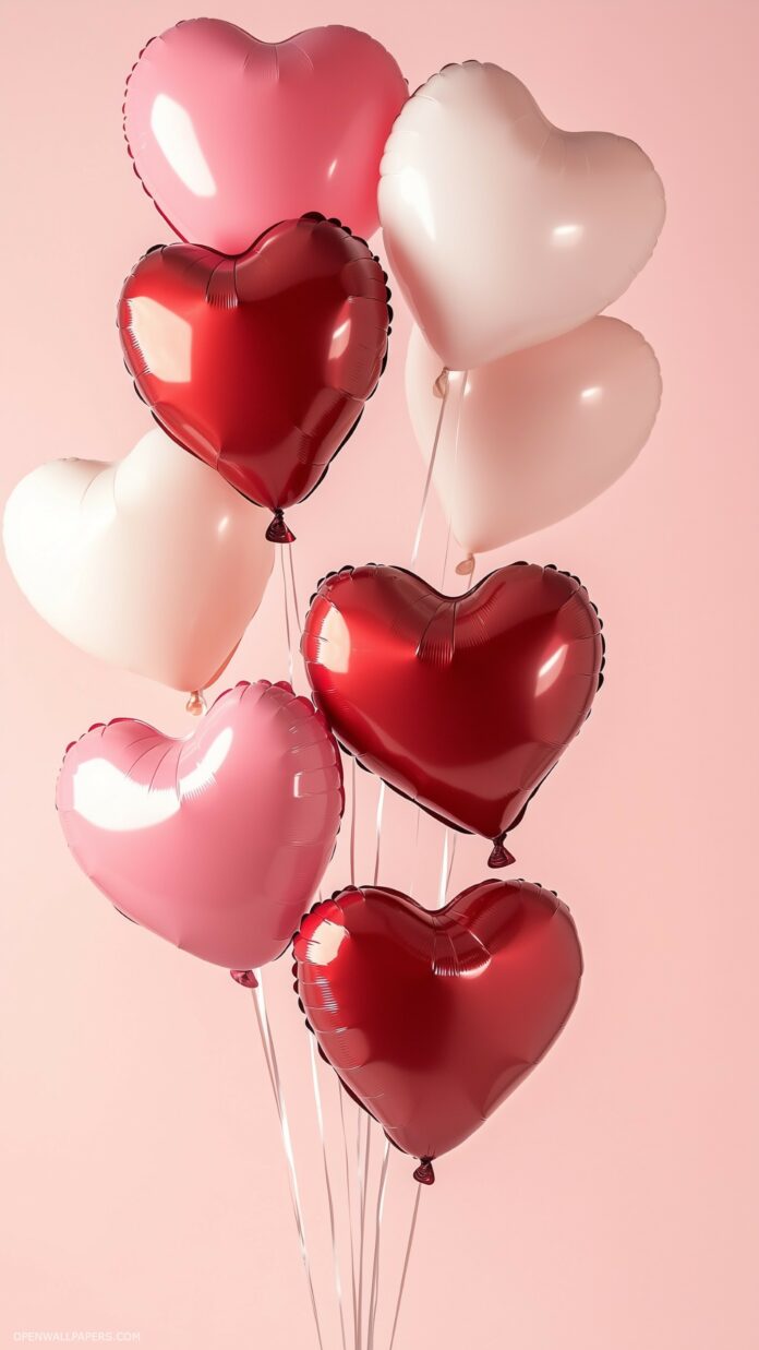 Soft pink and red heart balloons floating against a pastel background, creating a light, romantic atmosphere