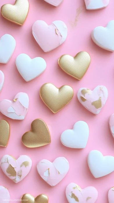 Soft pink background with a pattern of delicate white hearts and gold accents.