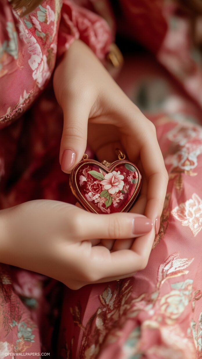 Valentine Wallpaper HD with a close-up of two hands holding a heart-shaped locket with a delicate pink and red background, capturing love and connection