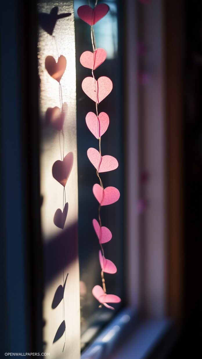 Valentine Wallpaper HD with a delicate pink paper heart garland hanging in a sunlit window, creating gentle, romantic shadows