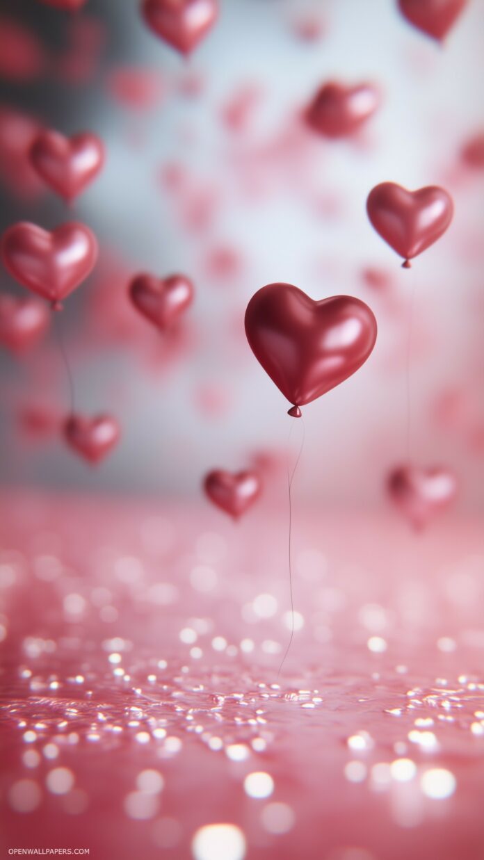 Valentine Wallpaper HD with a pastel pink and red background featuring tiny heart balloons drifting upwards with soft, gentle lighting