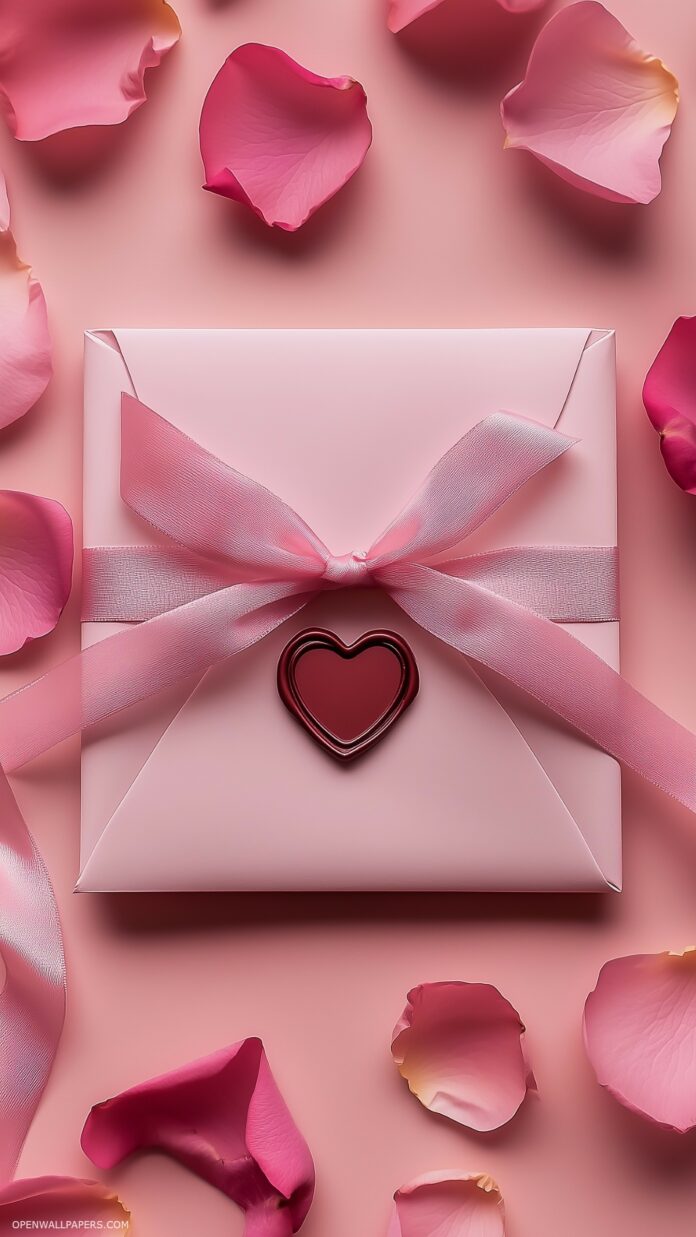 Valentine Wallpaper for iPhone with a pink satin ribbon tied into a bow around a love letter with heart-shaped wax seal, surrounded by rose petals