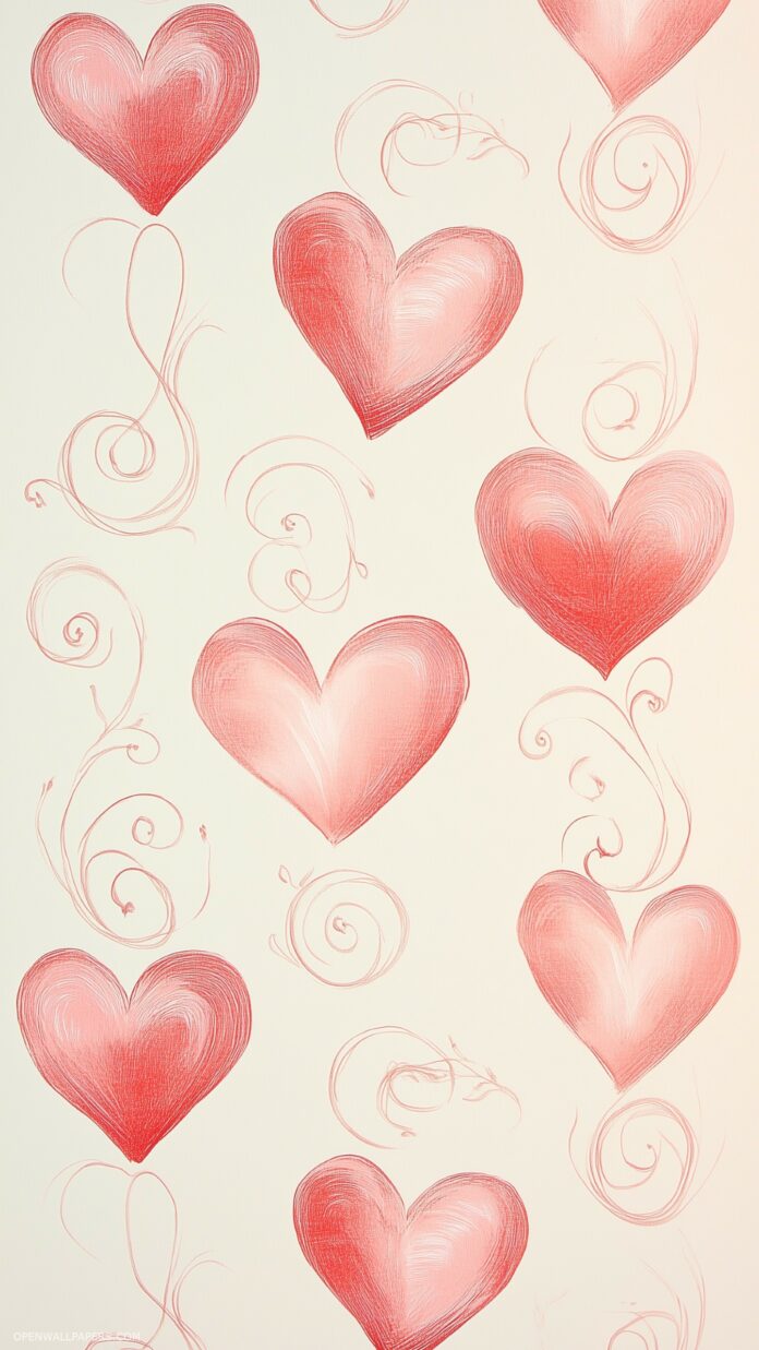 Valentine Wallpaper for iPhone with a repeating pattern of pink hearts with delicate swirls on a light beige background, creating a simple, elegant Valentines design