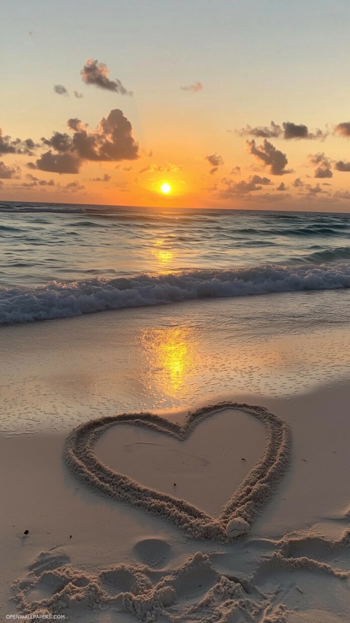 Valentine Wallpaper for iPhone with a sunset beach scene with a heart drawn in the sand, waves gently washing up to the shore