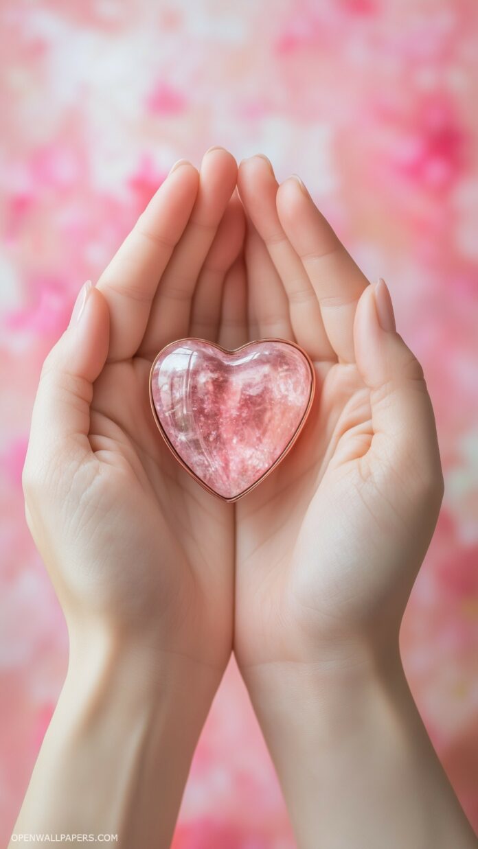 Valentine Wallpaper with a close-up of two hands holding a heart-shaped locket with a delicate pink and red background, capturing love and connection