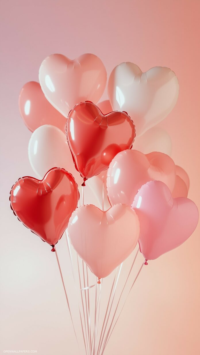 Valentines Wallpaper with Soft pink and red heart balloons floating against a pastel background