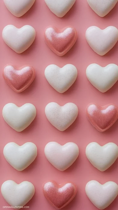 White and blush colored hearts in a classic tile pattern on a pink pastel background.