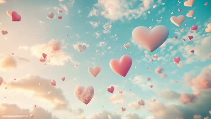 White clouds and pastel hearts.