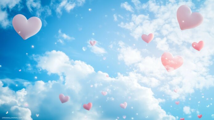 White clouds and pastel hearts floating in a soft blue sky background.