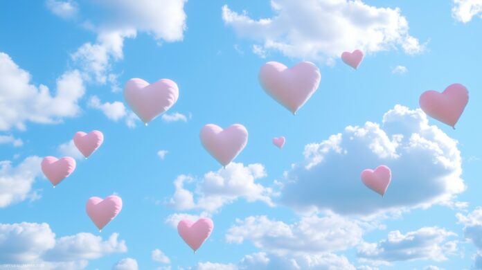 White clouds and pastel hearts floating in a soft blue sky background, Valentine HD Wallpaper free download.