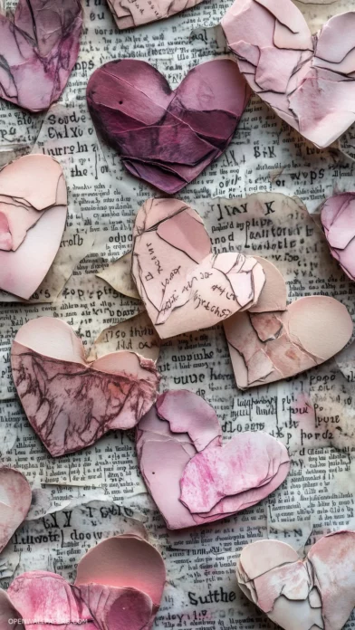 Abstract Valentine day wallpaper with torn paper hearts, soft pastel shades, and text snippets of love quotes.