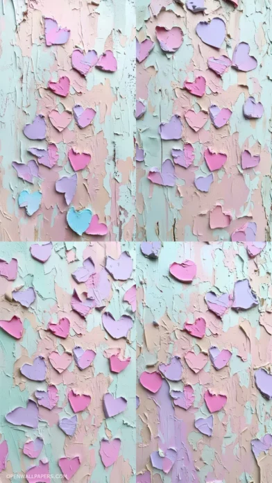 Abstract Valentines collage with torn paper hearts, soft pastel shades.