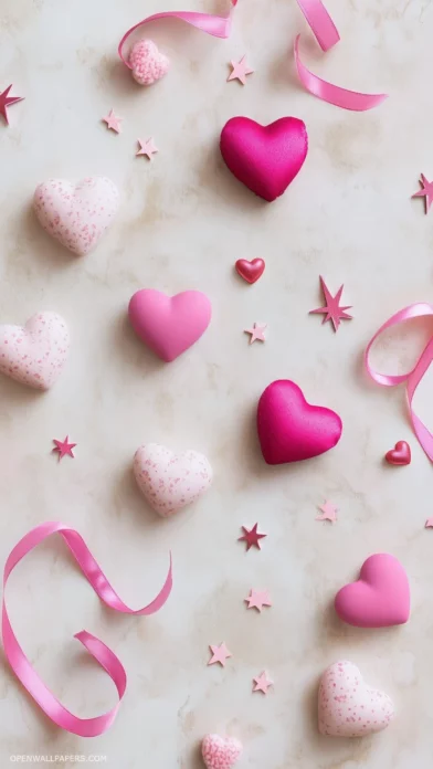 Aesthetic Valentine day HD wallpaper with delicate pink ribbons, hearts, and stars on a cream background.