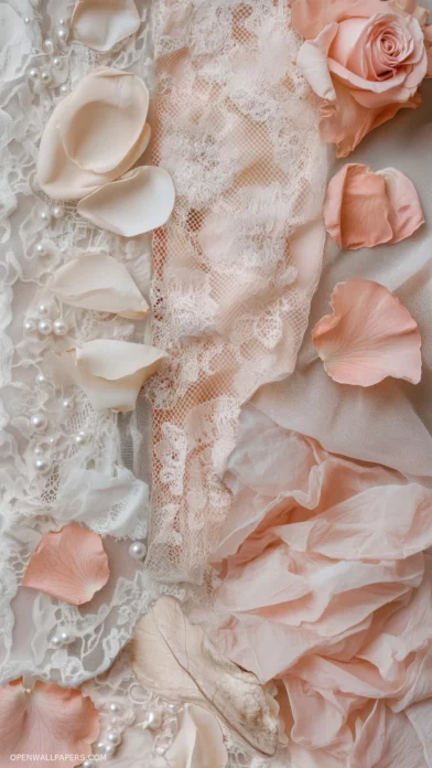 Aesthetic Valentine day wallpaper of vintage lace, pearls, and soft rose petals, all in delicate pink and cream tones.