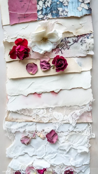 Aesthetic collage of vintage Valentine's postcards, lace, and pressed roses, layered softly over a warm background.