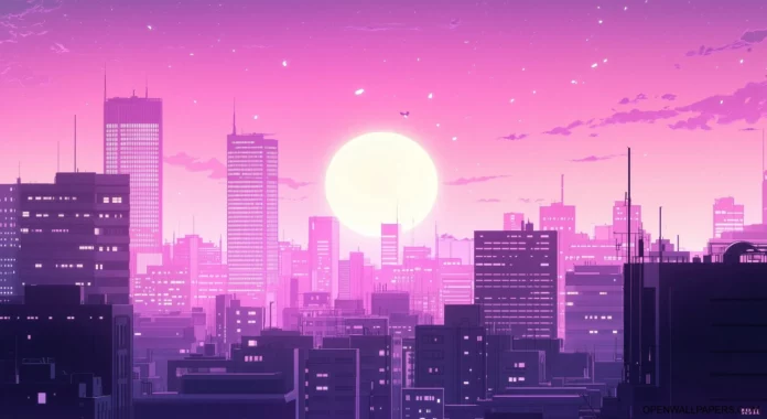 City Skyline Wallpaper Pink 70s.