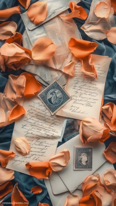 Collage of handwritten love letters, rose petals, and vintage postage stamps.