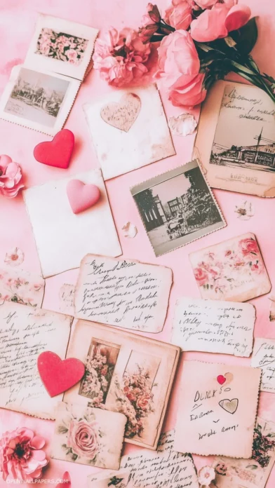 Collage of vintage postcards, hand drawn hearts, and soft, faded floral patterns on a muted pink background.