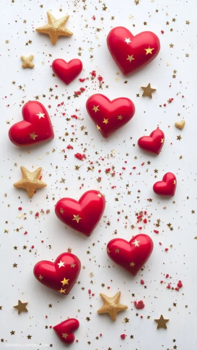 Delicate tile pattern of tiny red hearts, stars, and minimalist golden accents on a white background for an elegant Valentines theme.