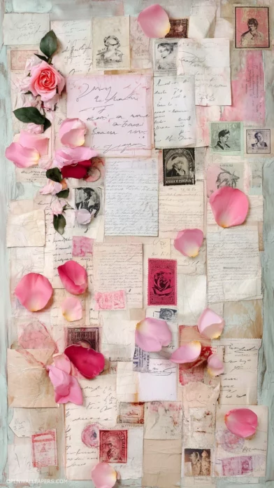 Handwritten love letters, rose petals, and vintage postage stamps with a warm aesthetic valentine.