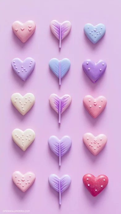 Pattern of cute pastel heart and arrow motifs on a light lavender background, giving a playful Valentine look.