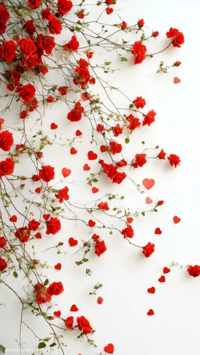 Pattern of small red roses and tiny hearts against a soft white backdrop for a romantic, classic Valentines tile design.