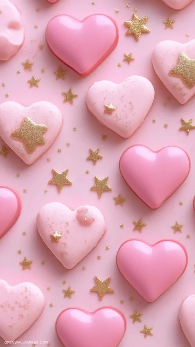 Romantic pattern of delicate pink hearts and gold stars on a soft blush pink background, creating a dreamy Valentines tile effect.