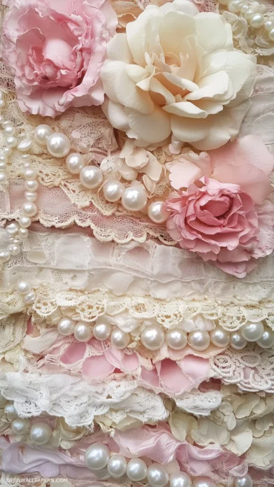 Valentine background of vintage lace, pearls, and soft rose petals, all in delicate pink and cream tones.