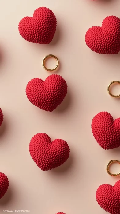 Valentine day wallpaper with minimalist red hearts and golden rings arranged in a repeating pattern on a pale blush background.