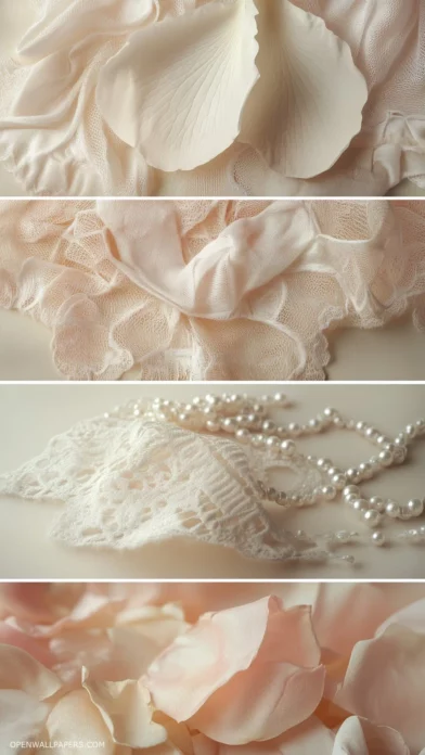 Vintage lace, pearls, and soft rose petals, all in delicate pink and cream tones.